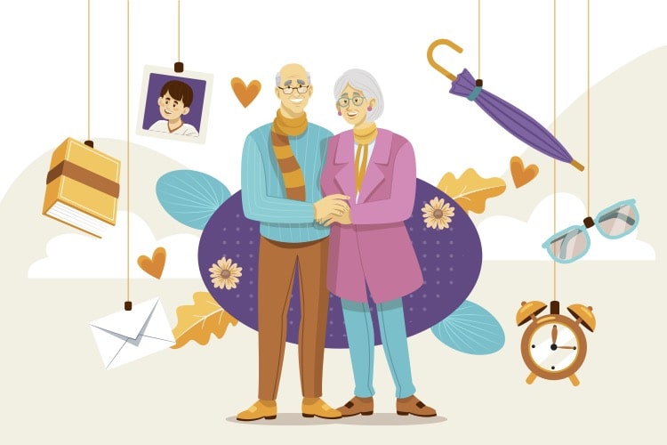 Graphics of old couples with daily items